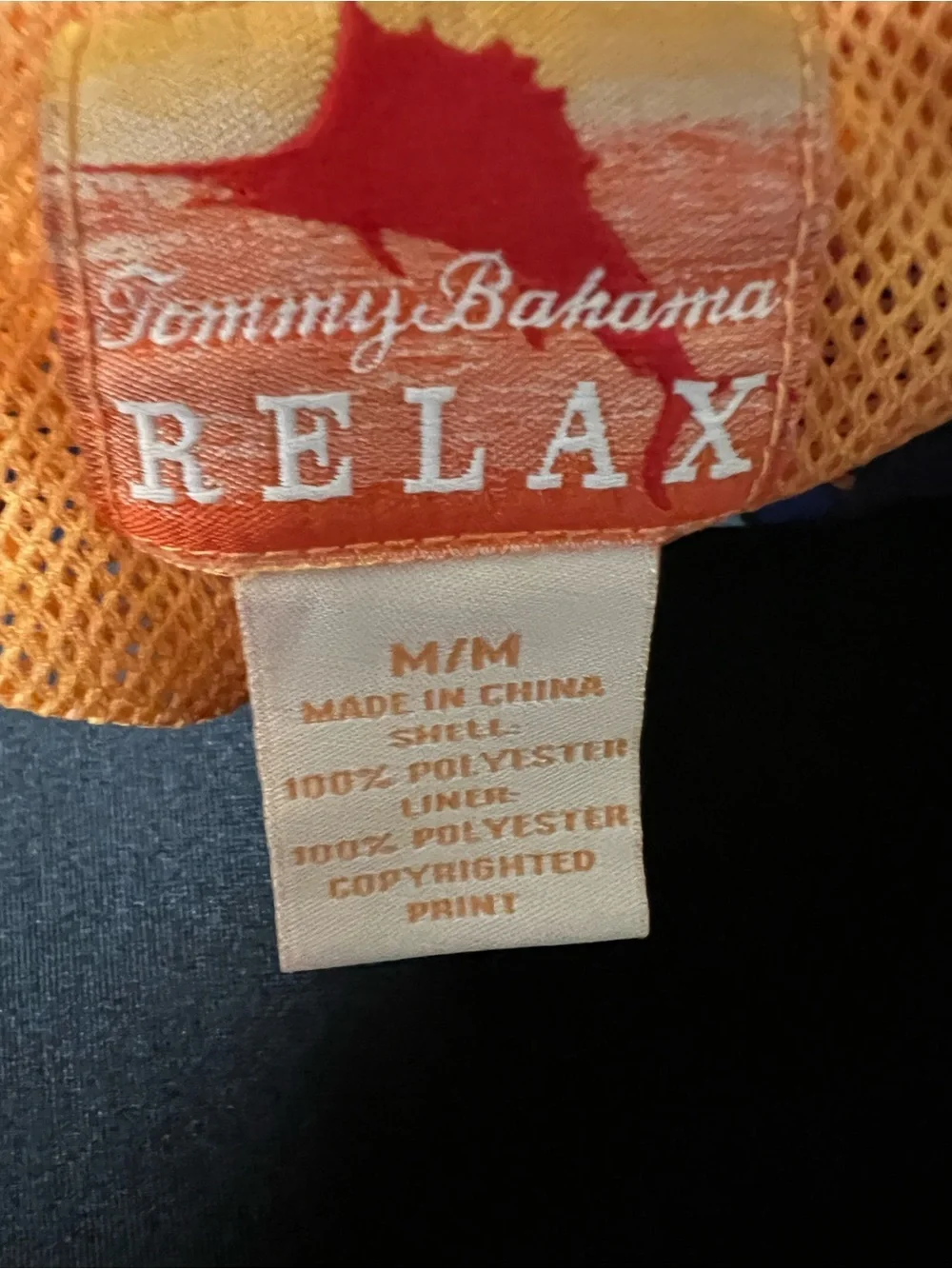 TOMMY BAHAMA RELAX NAVY TRUNKS W/ORANGE/LT BLUE SAILBOAT PRINT. MEDIUM